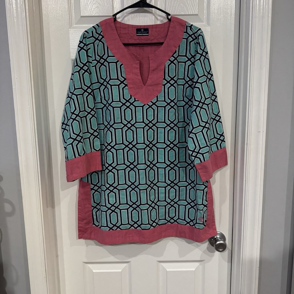 Simply Southern Colorful Tunic Top Size‎ XL Geometric 3/4 Sleeves Beach Cotton